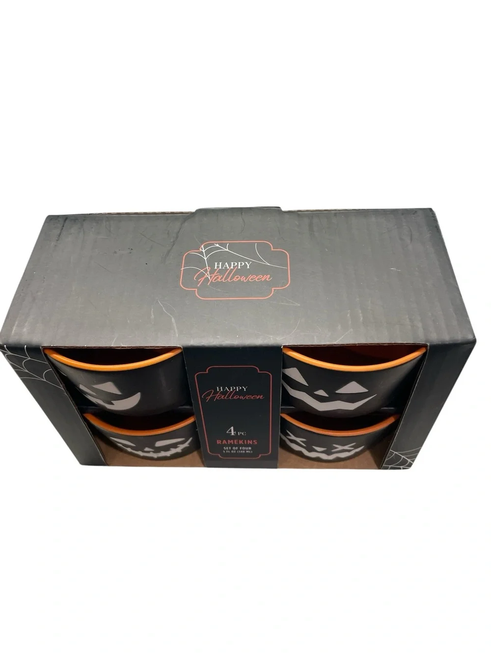 Happy Halloween Black Jack O Lantern Ramekins 5oz Set of 4 NWT